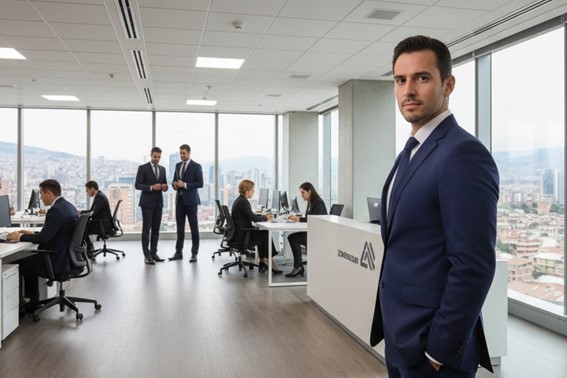 Ejecutivo asesor de seguros empresariales en oficina moderna, representando bróker de seguros en Quito.